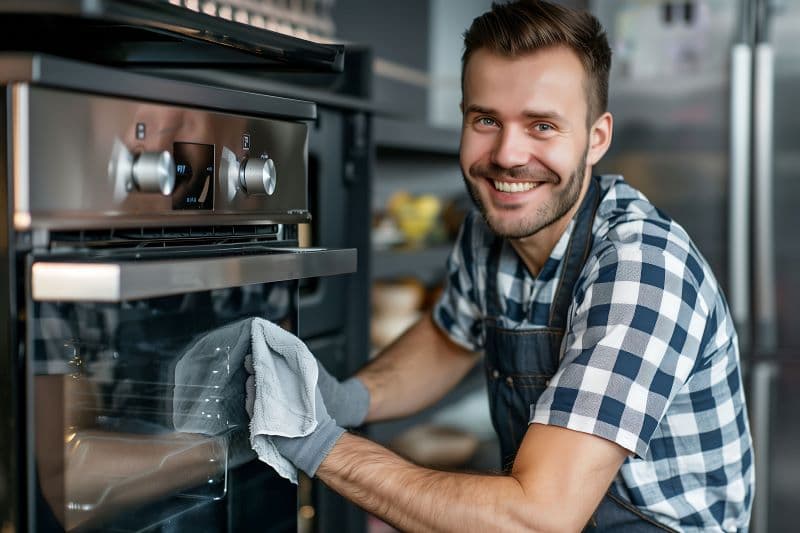 Microwave oven technician repairing microwave oven